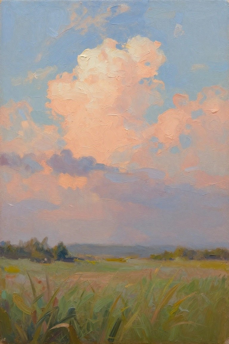 Impressionist painting of a massive pink cloud above a green meadow field.