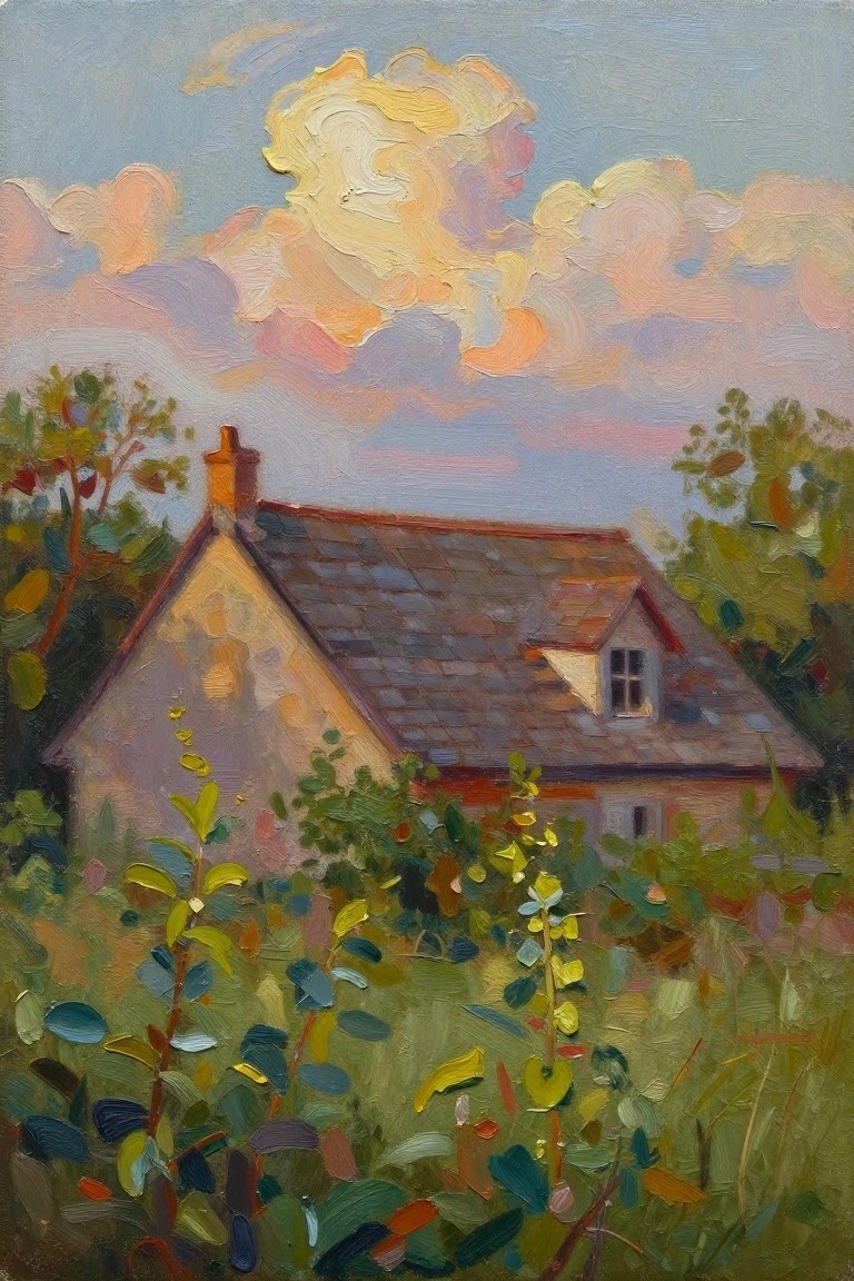 Impressionistic painting of cottage with tiled roof amid lush garden under colorful clouds