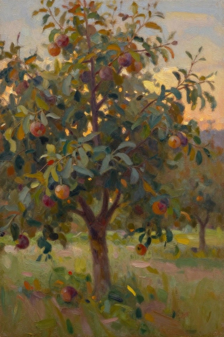 Lush apple tree with red and orange fruits glowing in golden sunset light