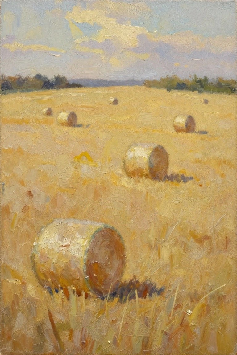 Impressionistic painting of golden hay bales scattered across a sunlit wheat field under blue skies.