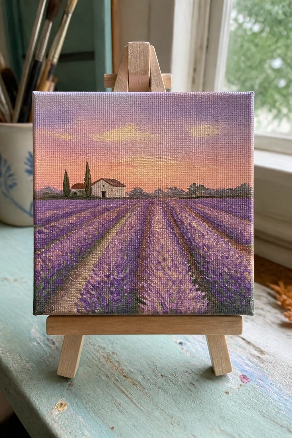A small oil painting on canvas showing a lavender field with rows leading to a house and trees under a pink and purple sunset sky, displayed on a wooden easel.