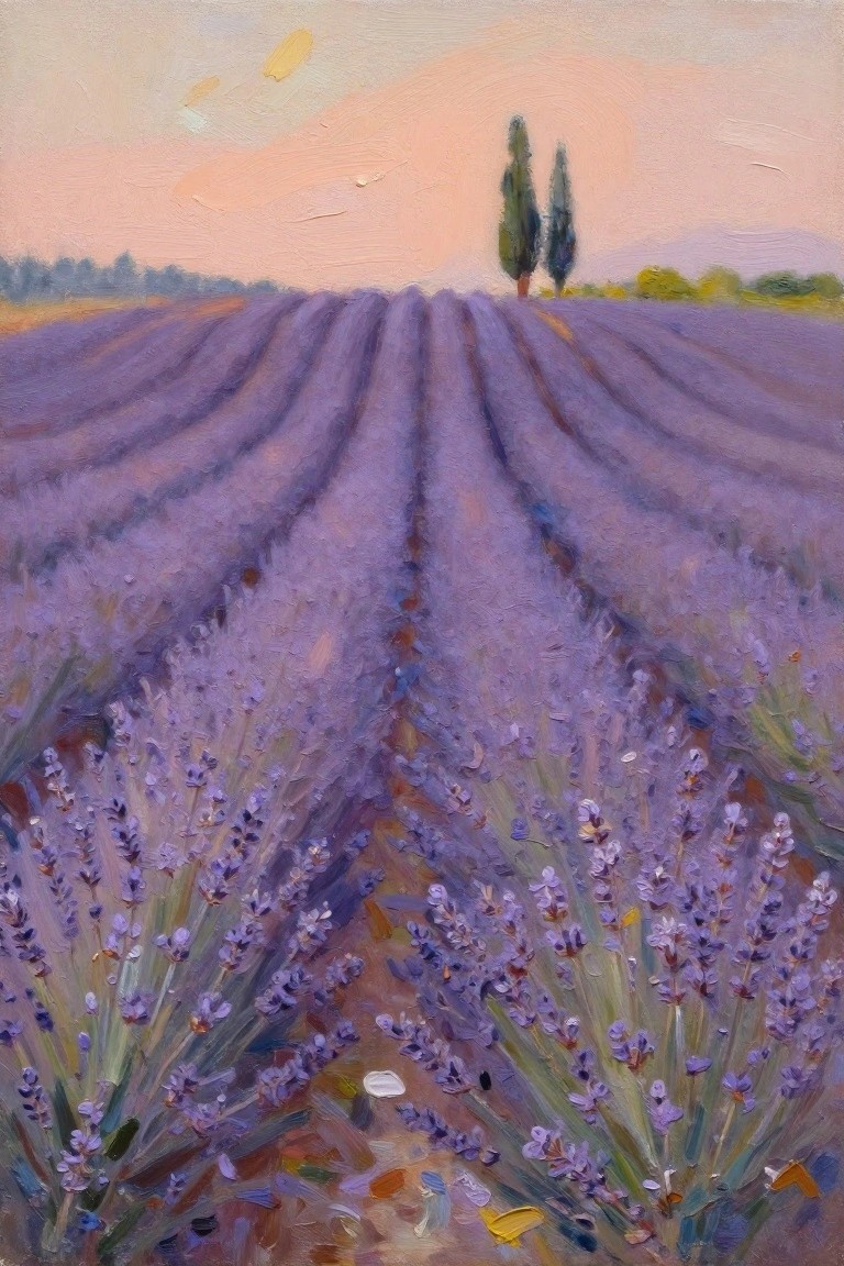 An oil painting of lavender rows leading toward two tall trees under a soft pink and peach evening sky.