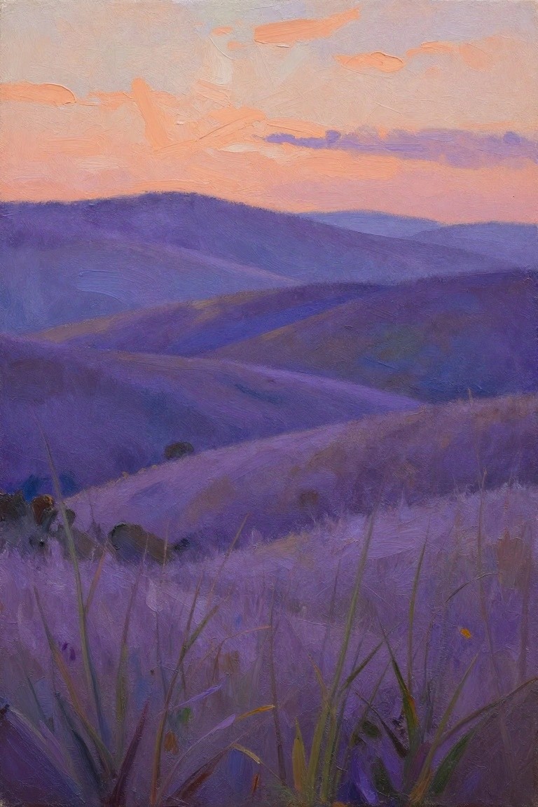 Rolling purple hills beneath orange-pink sunset sky with wildflower foreground
