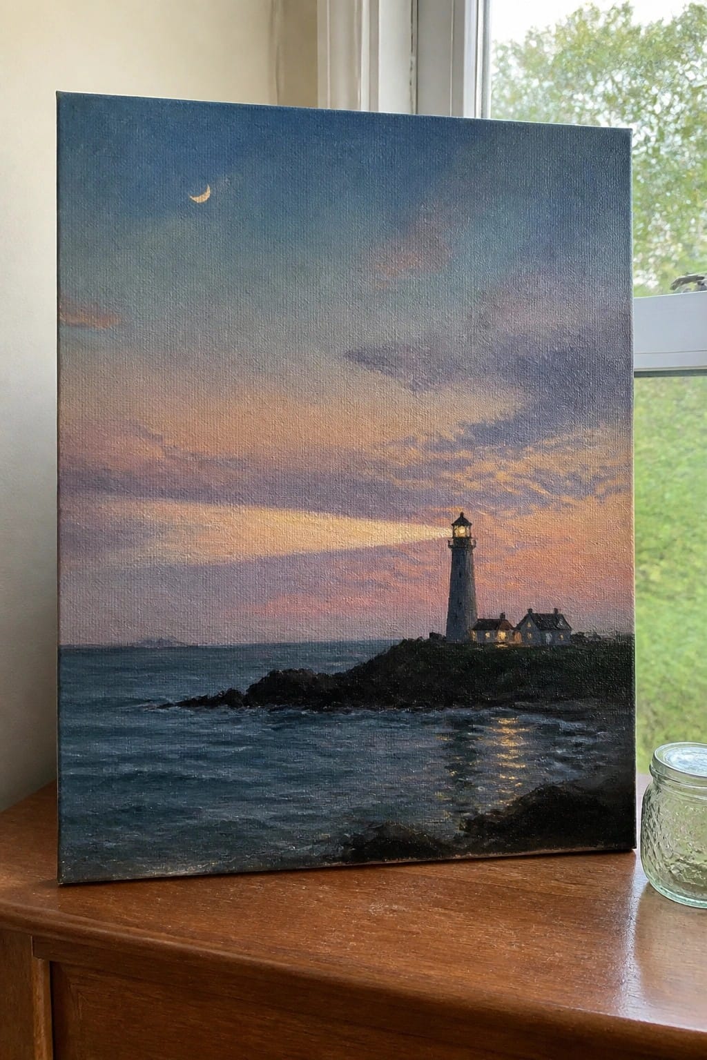 Twilight painting of lighthouse on rocky shore with crescent moon over calm sea