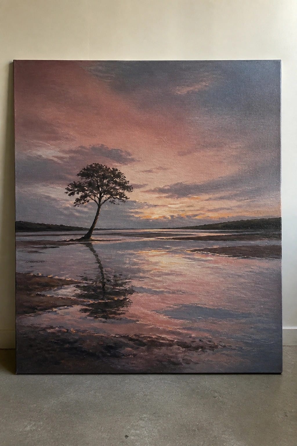 Lone tree reflected in shallow water beneath vibrant pink and purple sunset sky.