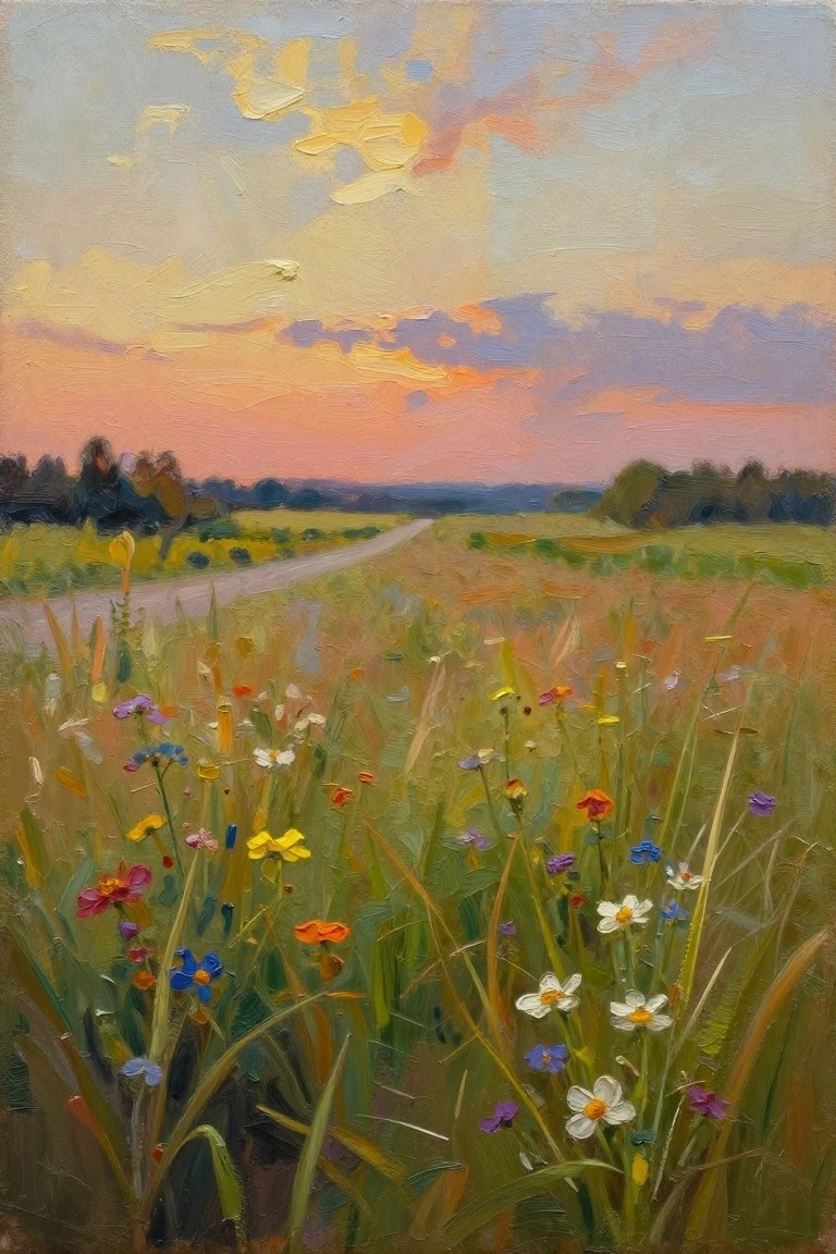 Colorful wildflower meadow with winding path under vibrant pink-orange sunset sky