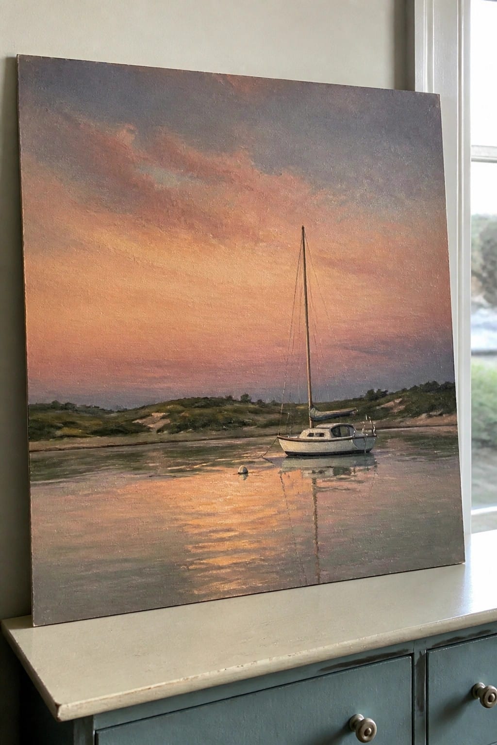 Sailboat moored on calm reflective water under vibrant orange-pink sunset sky.