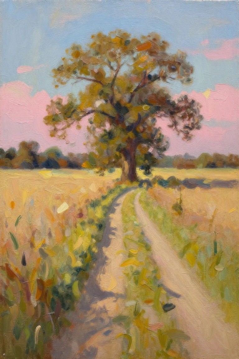 Large tree with autumn leaves along a winding path in a golden field under pink skies