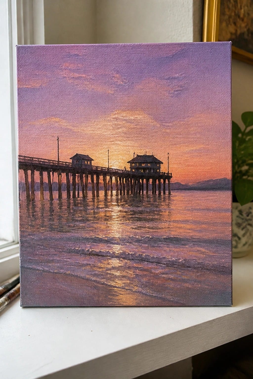 Oil painting of wooden pier at sunset with glowing reflections on calm purple ocean waves.