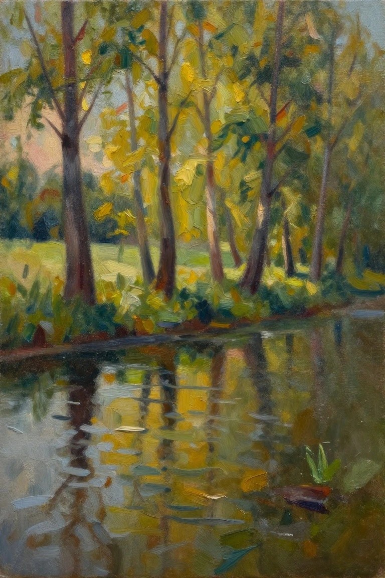 Autumn trees with yellow leaves reflected in calm water, impressionist oil painting
