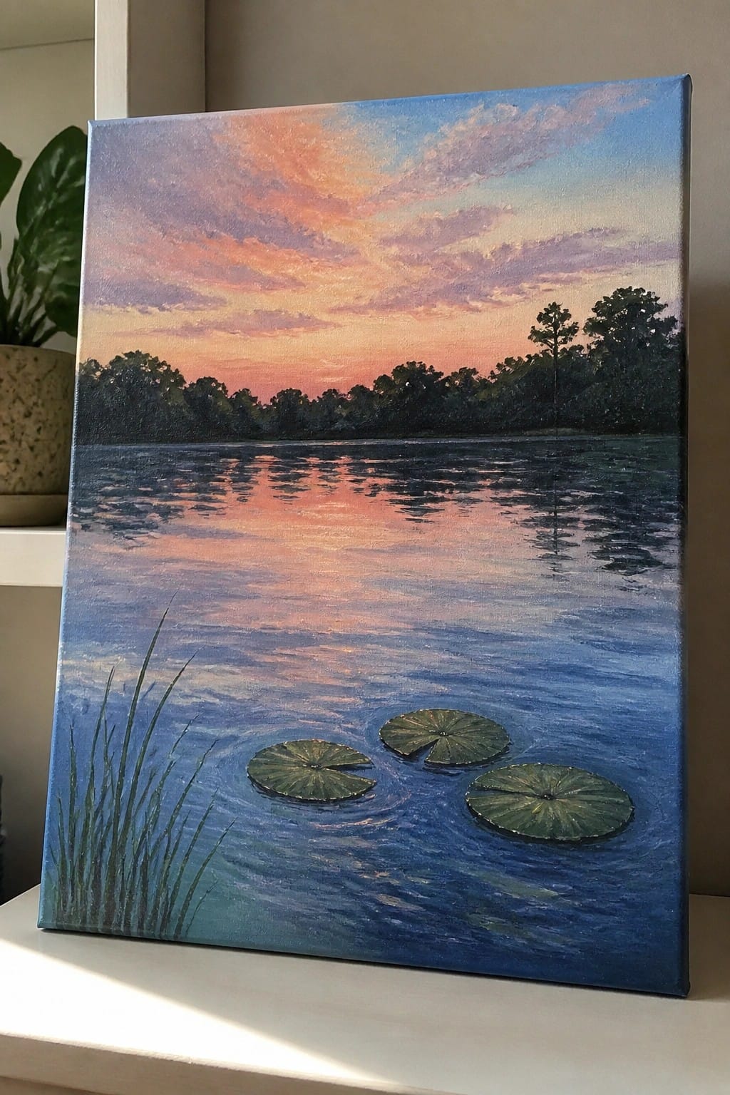 Vibrant sunset painting with orange-pink sky over blue lake and green lily pads.