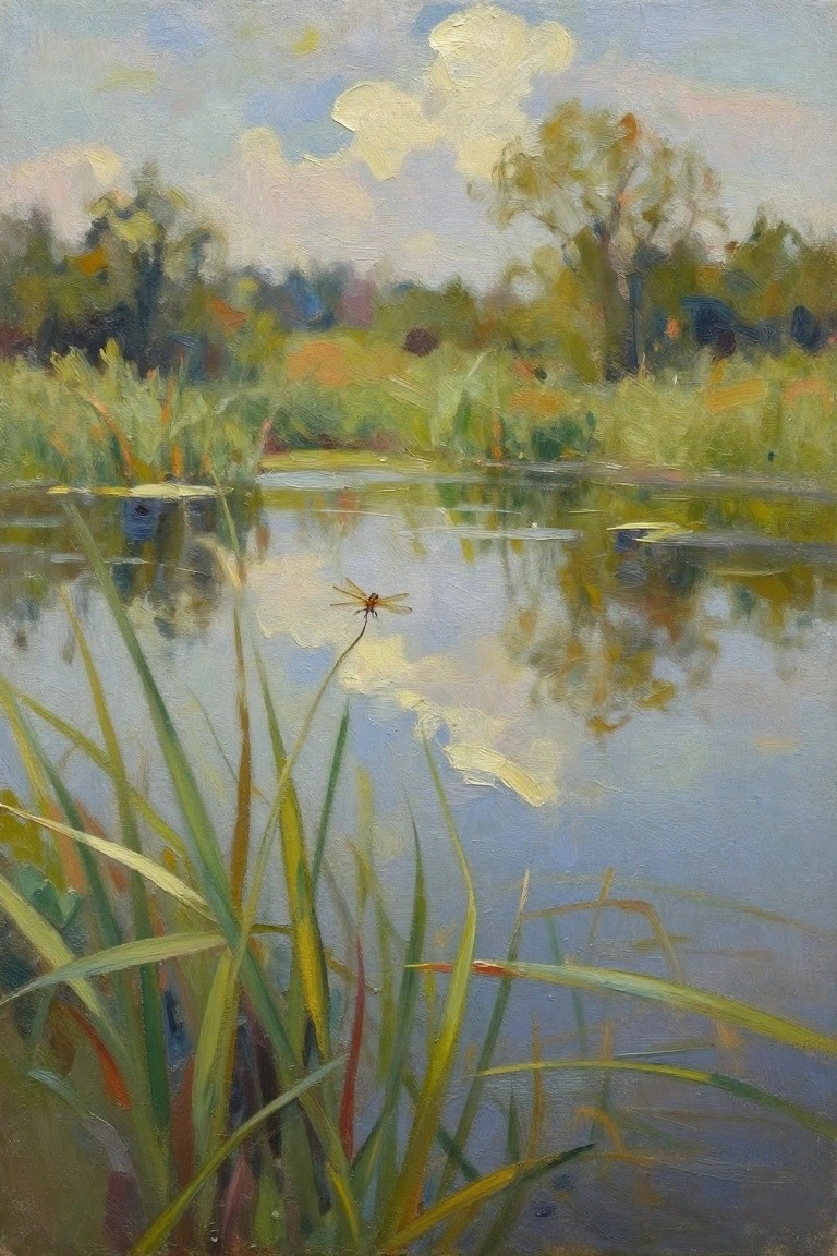 Impressionist landscape of dragonfly on reed above pond with sky and tree reflections.