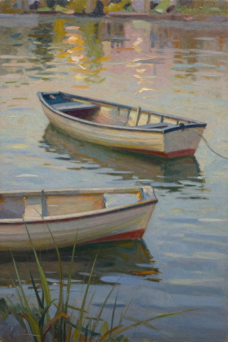 Two rowboats float on calm reflective water with reeds, in soft impressionist style.