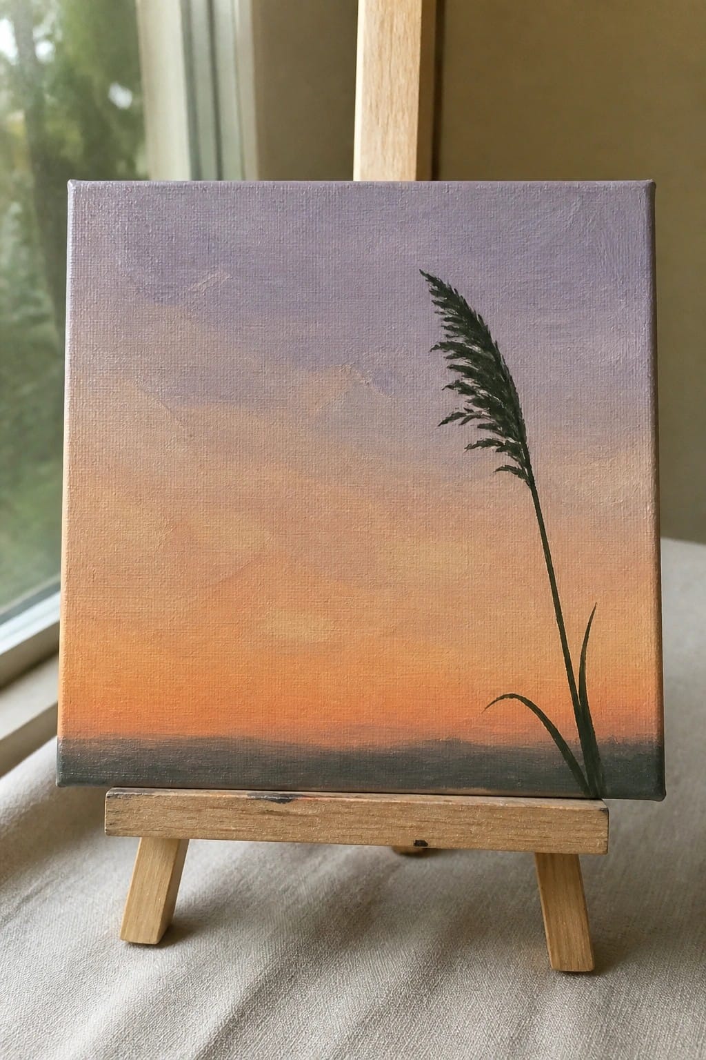 Miniature canvas on easel shows purple-orange sunset gradient with tall grass silhouette