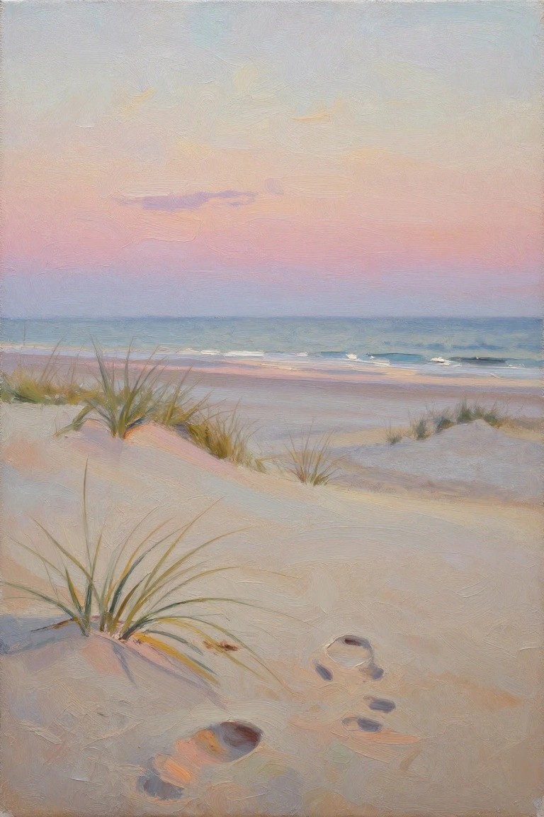 An oil painting of a beach at dusk showing a pink and blue sky over the ocean, with sand dunes, grass, and footprints in the foreground.