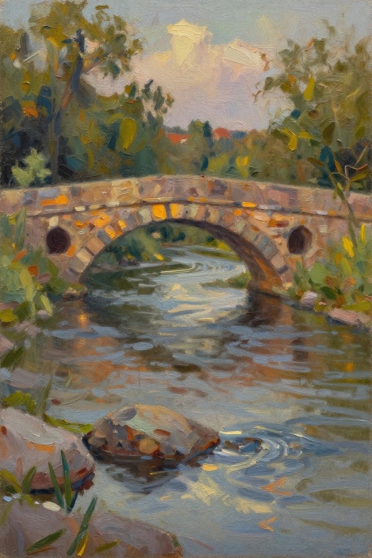 An oil painting of a stone arch bridge over a river with trees on the banks, rocks in the foreground, and a soft cloudy sky.