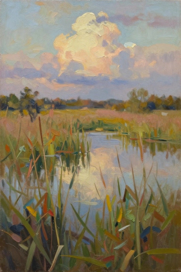 Impressionistic oil painting of a marsh pond amid colorful reeds under dramatic clouds.