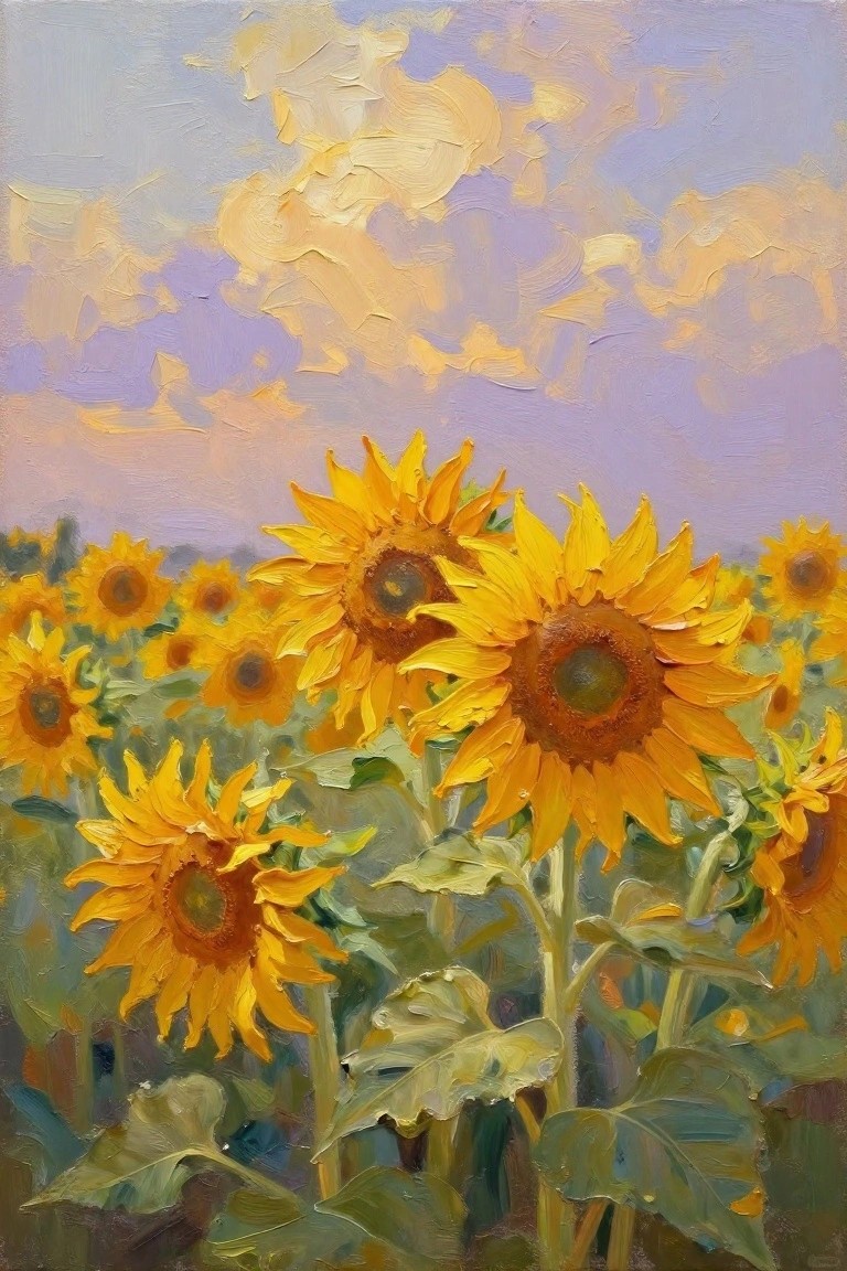 Vivid yellow sunflowers in a green field under a purple and yellow sky
