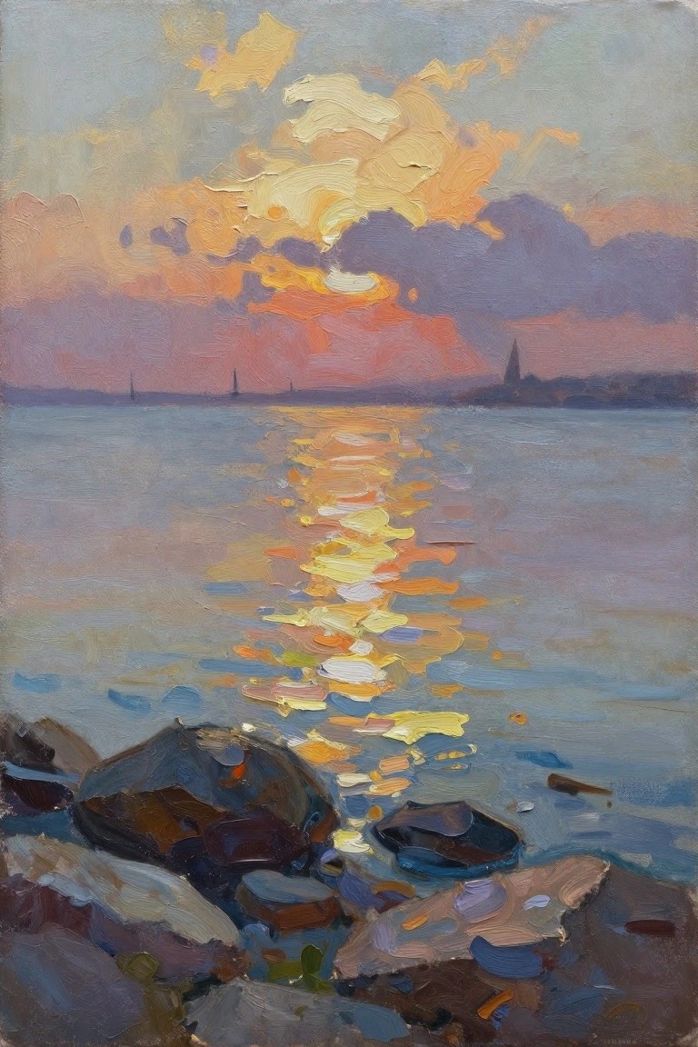 Impressionist painting of vivid sunset reflecting on sea with rocky foreground and distant spire.