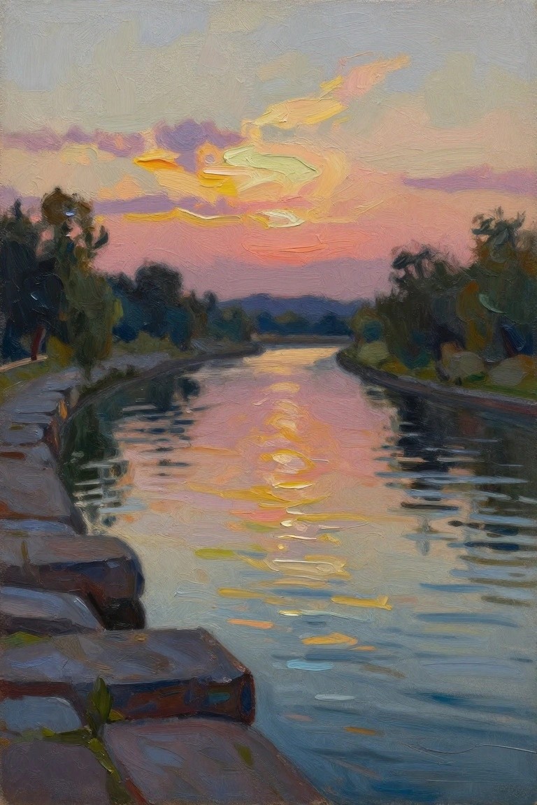 Sunset over winding river with pink-orange clouds, reflections, trees, and stone embankment.