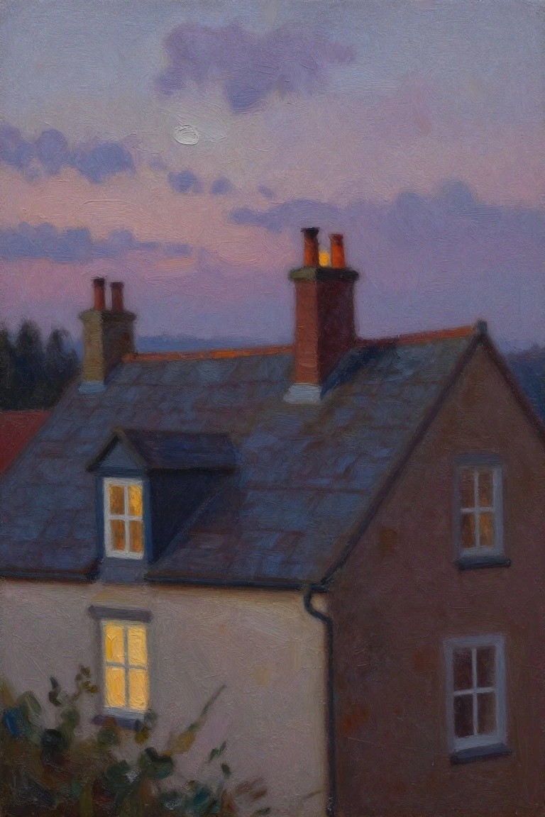An oil painting of rooftops with chimneys and glowing windows under a purple and pink twilight sky with a moon.