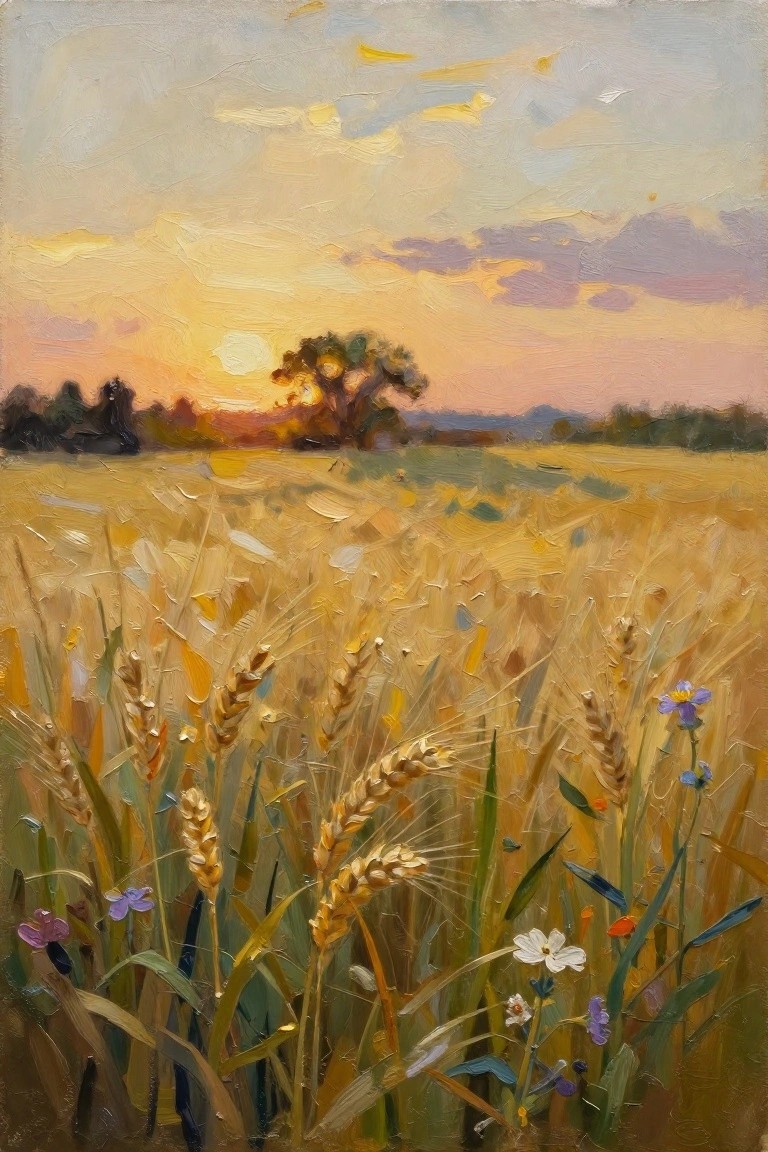 Golden wheat field at sunset with wildflowers and distant tree in oil painting style
