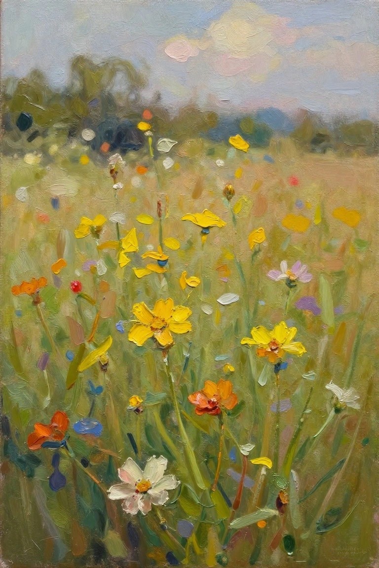 Impressionistic painting of colorful wildflowers blooming in a lush green meadow