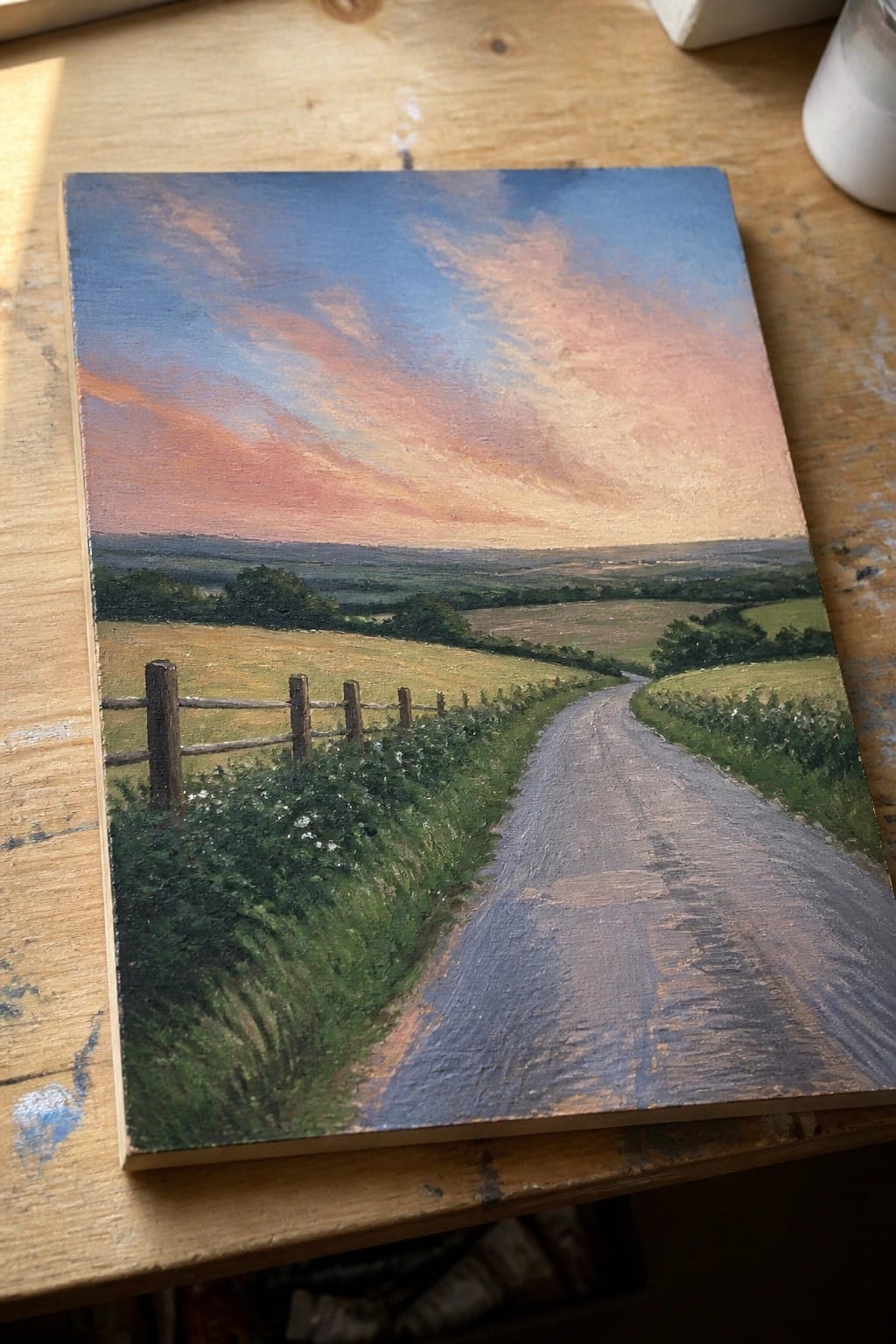 Colorful sunset painting of winding road through green fields beside wooden fence and hills