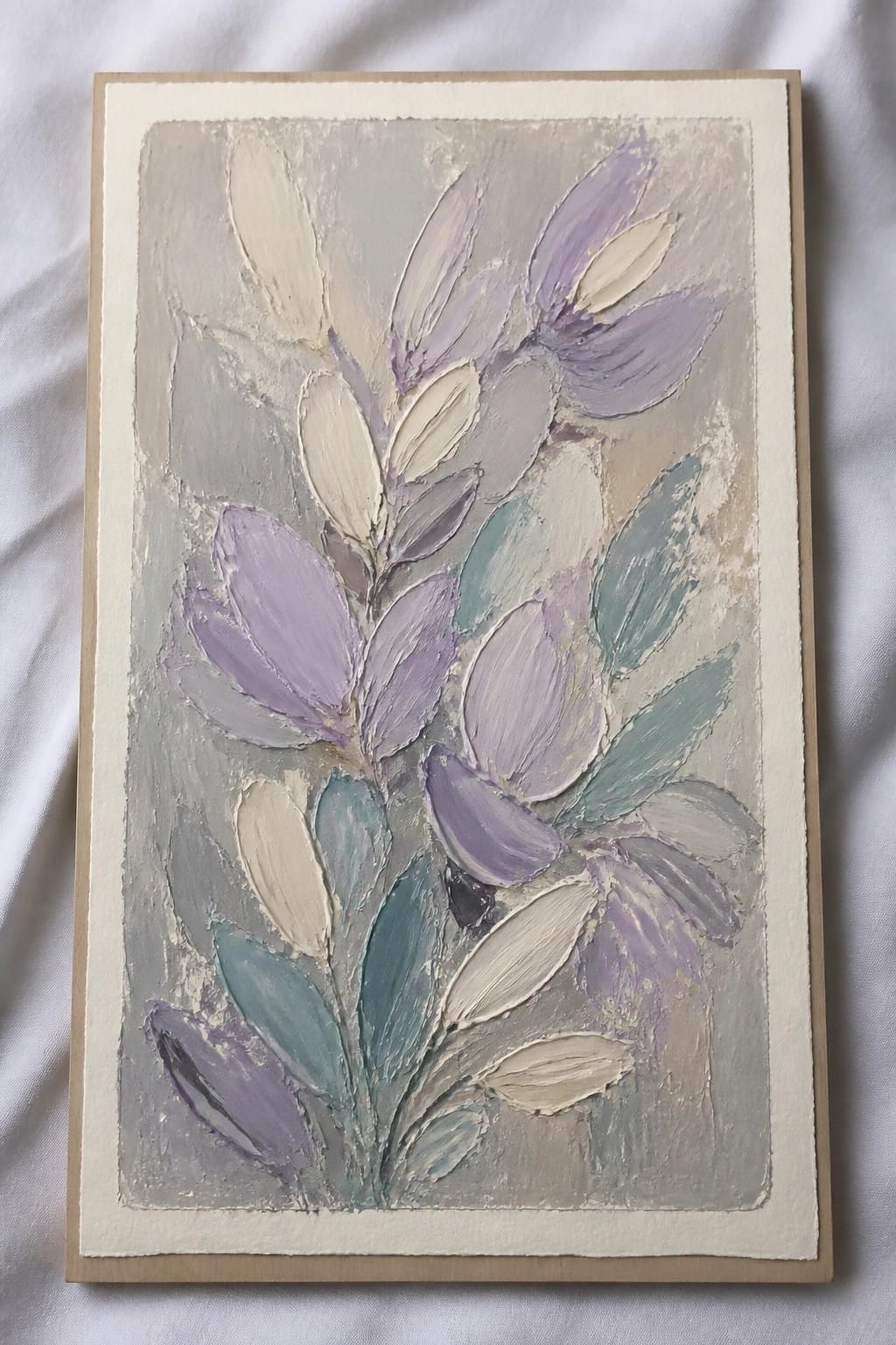Textured abstract painting of stylized purple and teal flowers on gray background