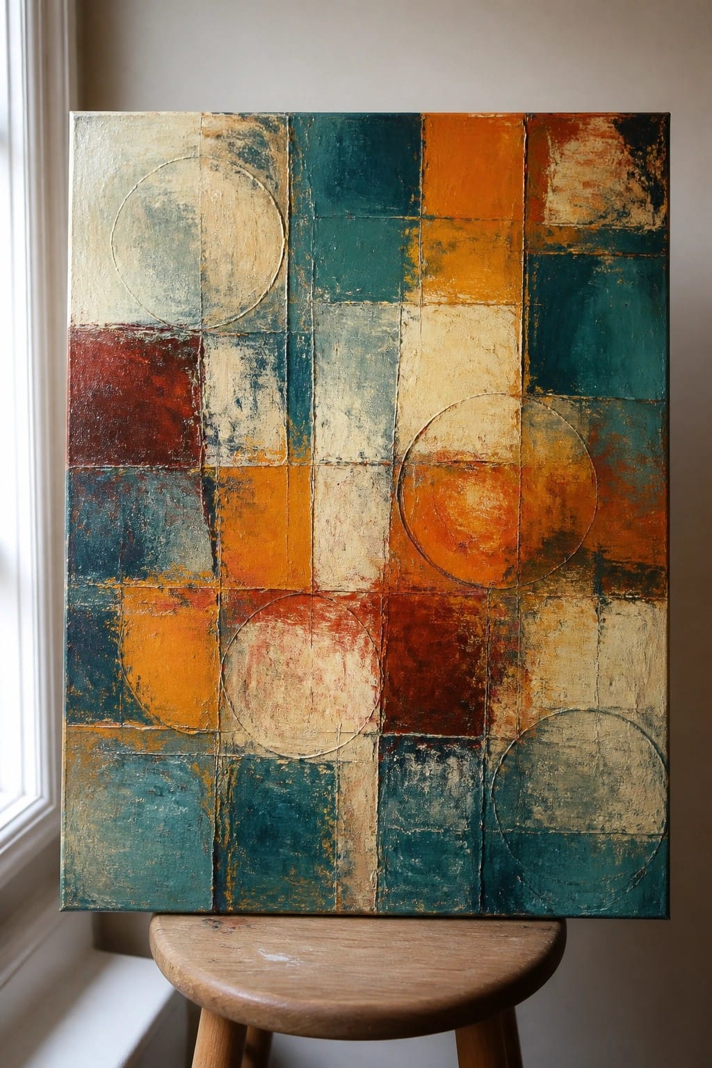 Abstract painting with colorful circles and squares in teal, orange, and red on wooden stool.