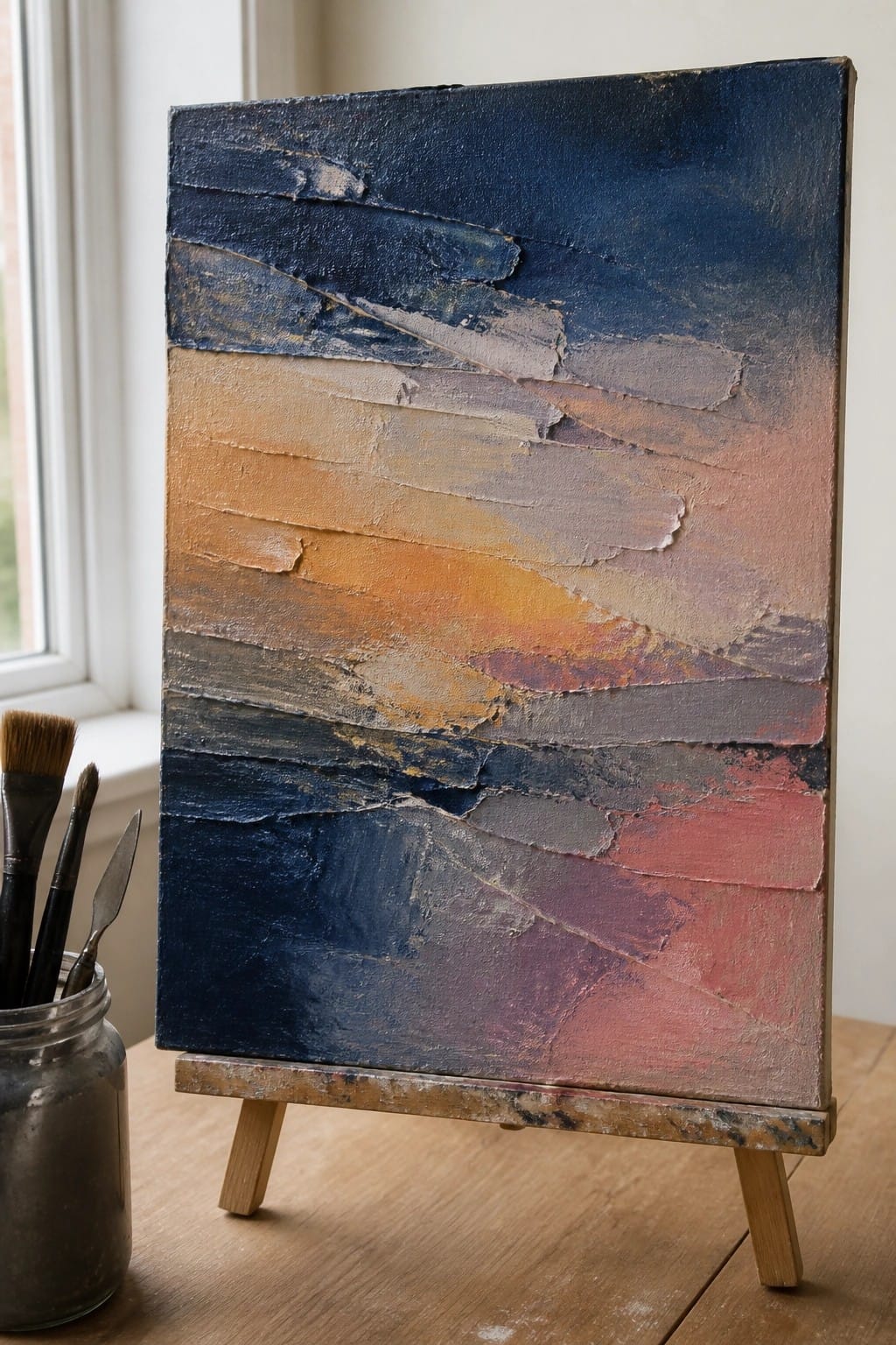 Abstract painting with thick blue, orange, and red textured layers on wooden easel beside brushes