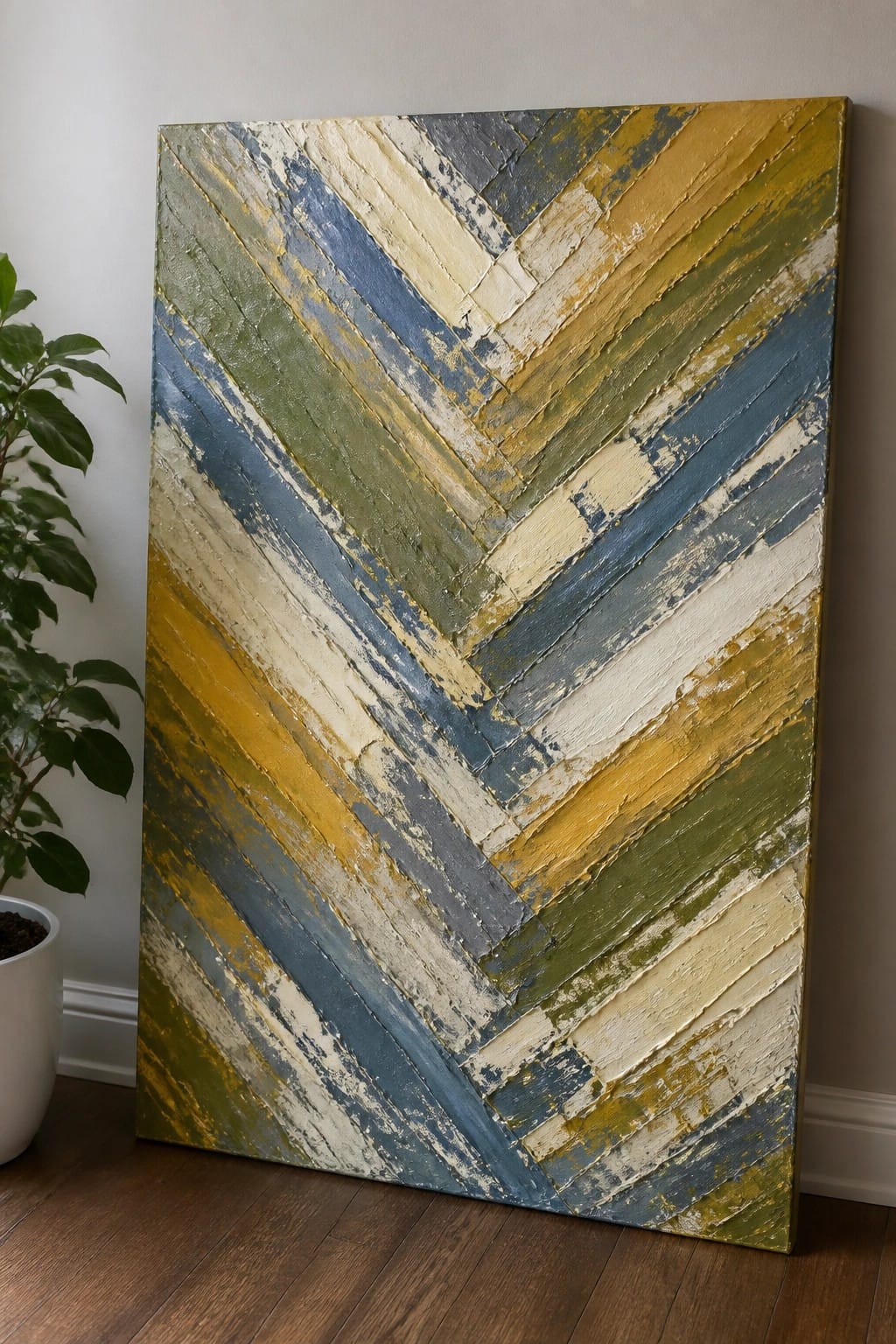 Abstract oil painting with wide diagonal textured stripes in yellow, blue, green, and cream arranged in a chevron pattern.
