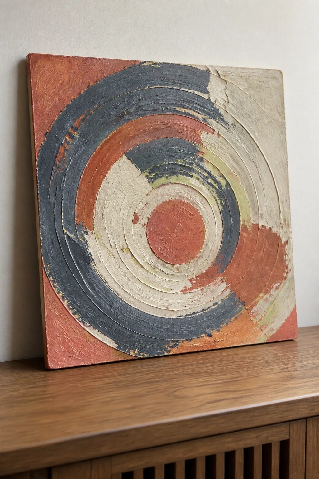 Square abstract painting with worn concentric rings in red, gray, orange and white on wood.
