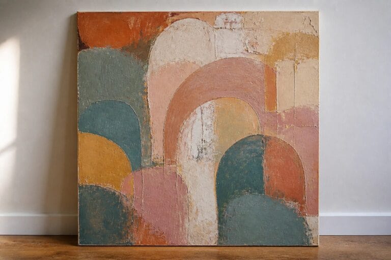 24 Gorgeous Textured Abstract Oil Paintings Using Palette Knife Effects Abstract painting with overlapping arches in teal, terracotta, yellow, and beige tones on canvas.