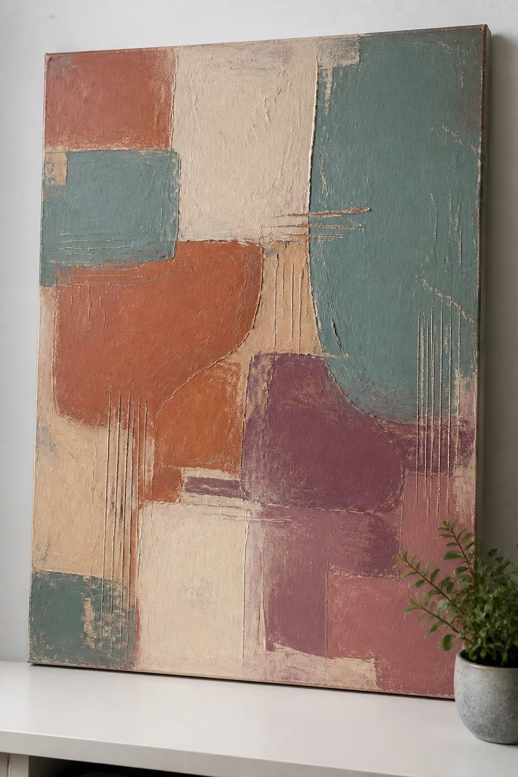 Abstract painting with terracotta, teal, beige, and purple shapes beside a potted plant.