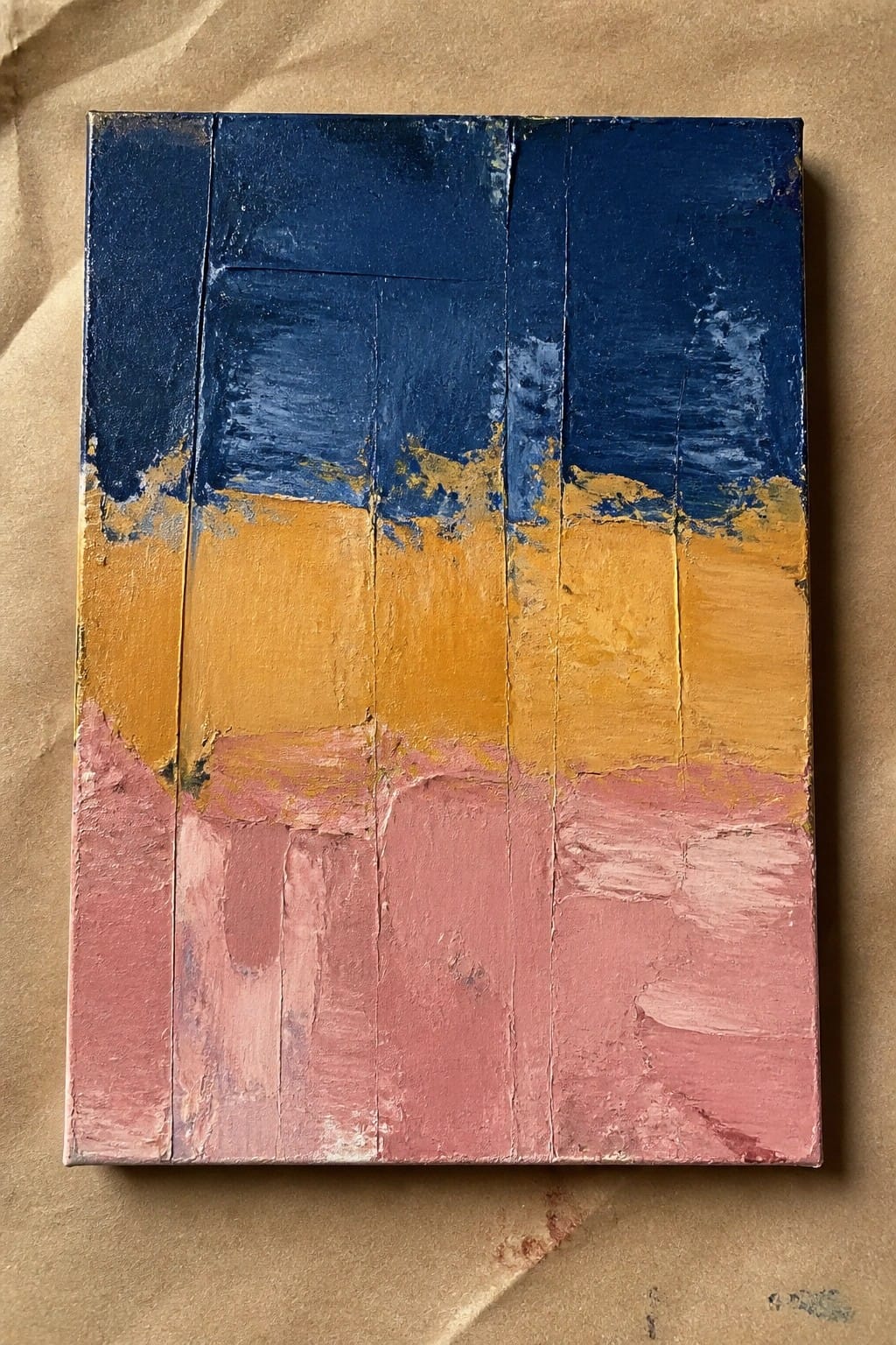 Abstract painting with thick textured blue, yellow, and pink horizontal bands on canvas