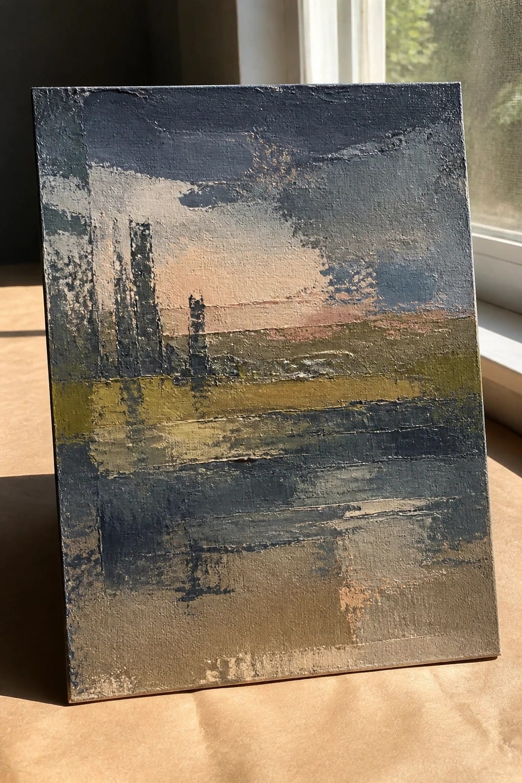 Abstract painting with textured layers of blue, green, and earthy tones near a window