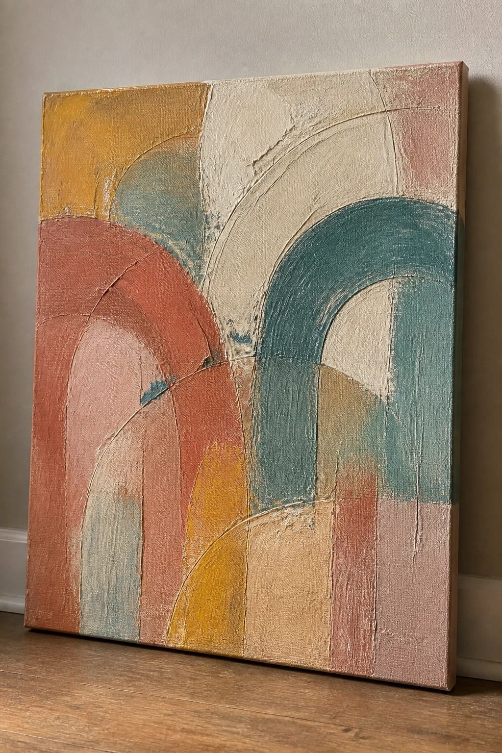 Abstract painting with overlapping arches in teal, terracotta, yellow, and beige tones on canvas.