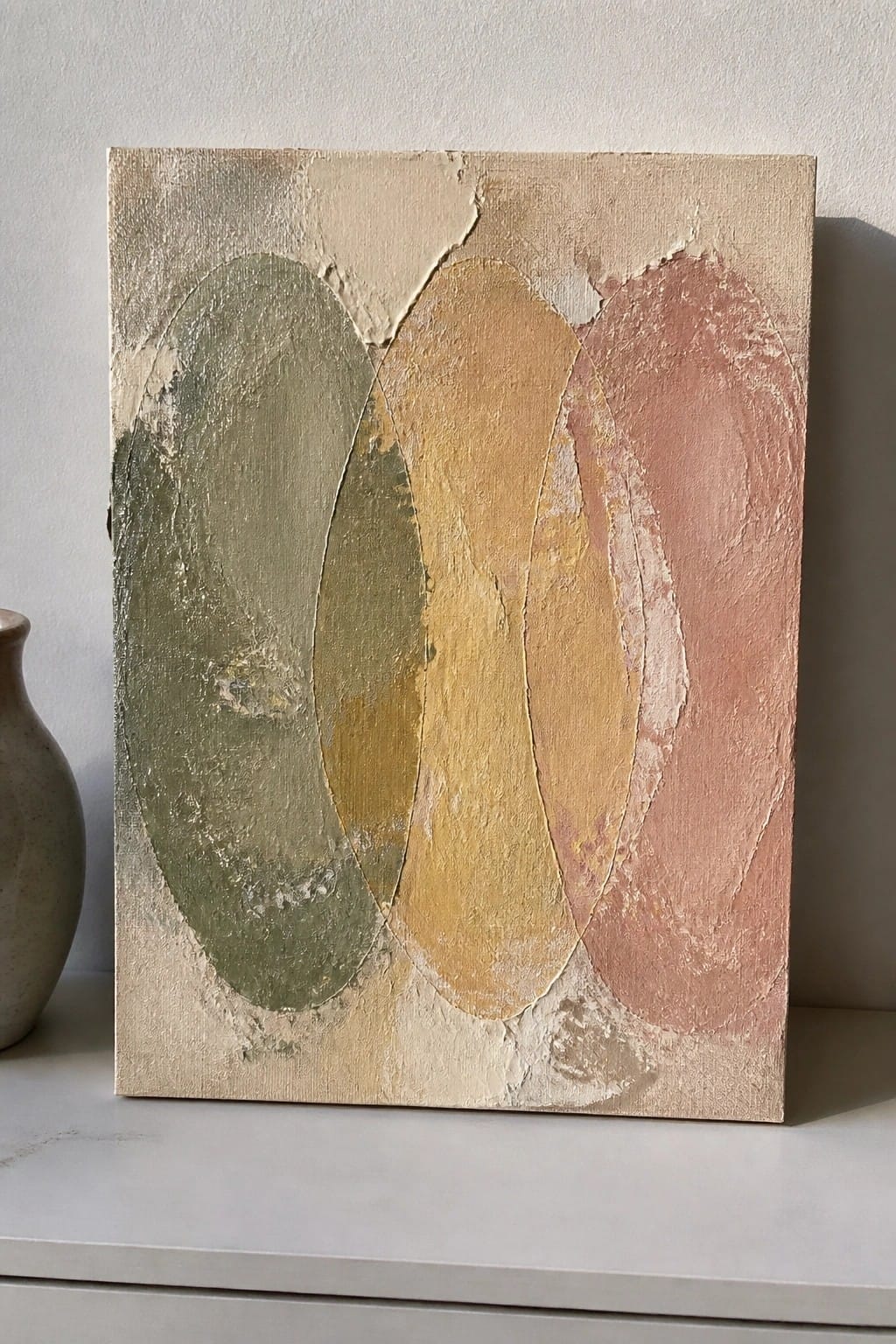 Abstract painting with overlapping green, yellow, and pink ovals on textured canvas