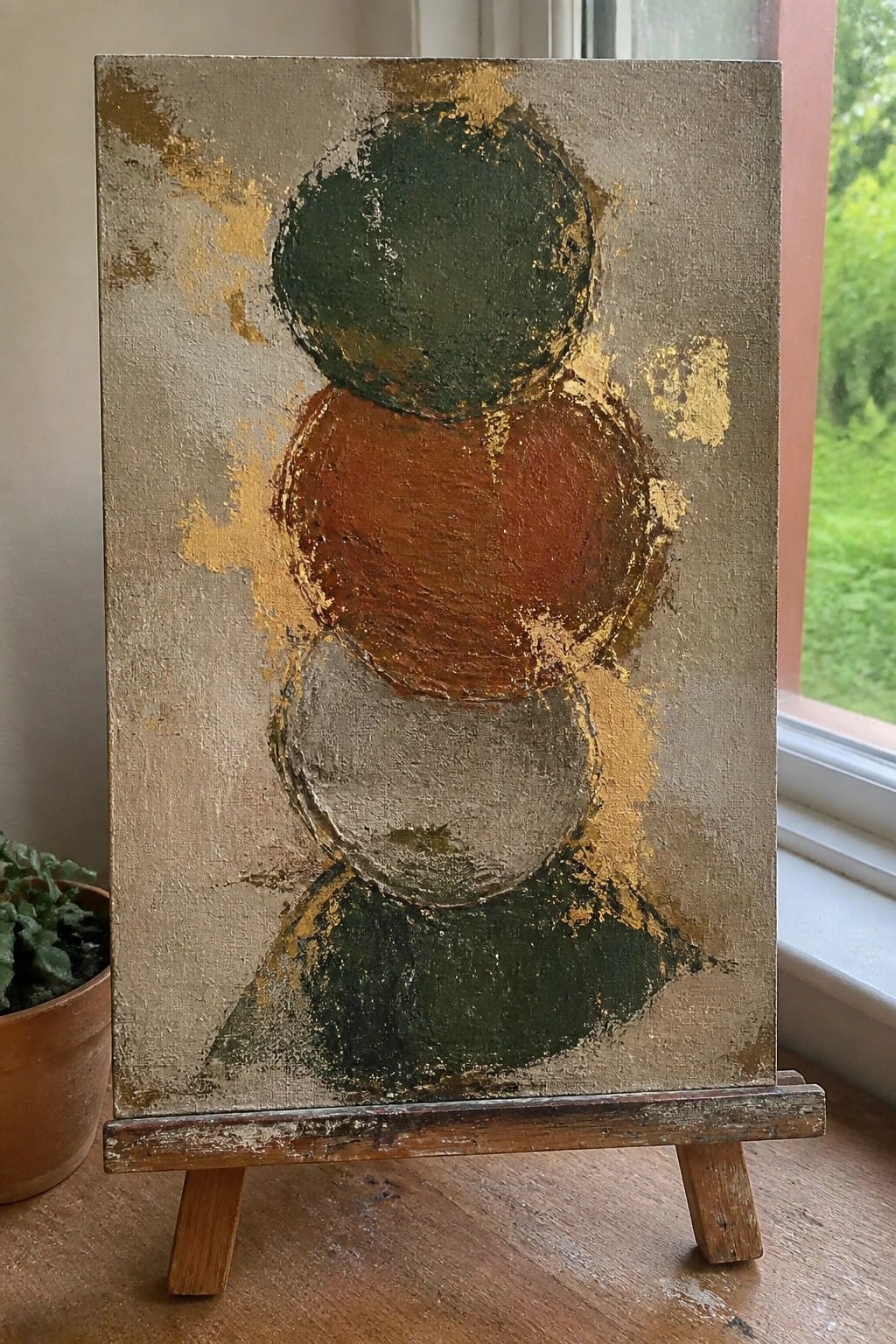 Abstract painting of stacked circles in green, orange, gray on wooden easel