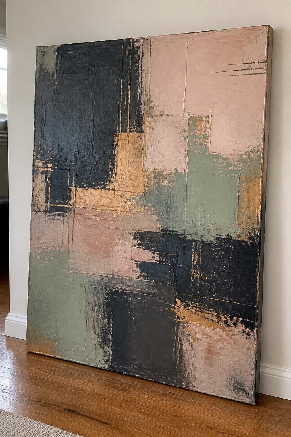 Abstract painting with black, pink, green, and beige blocks leaning against wall on wood floor