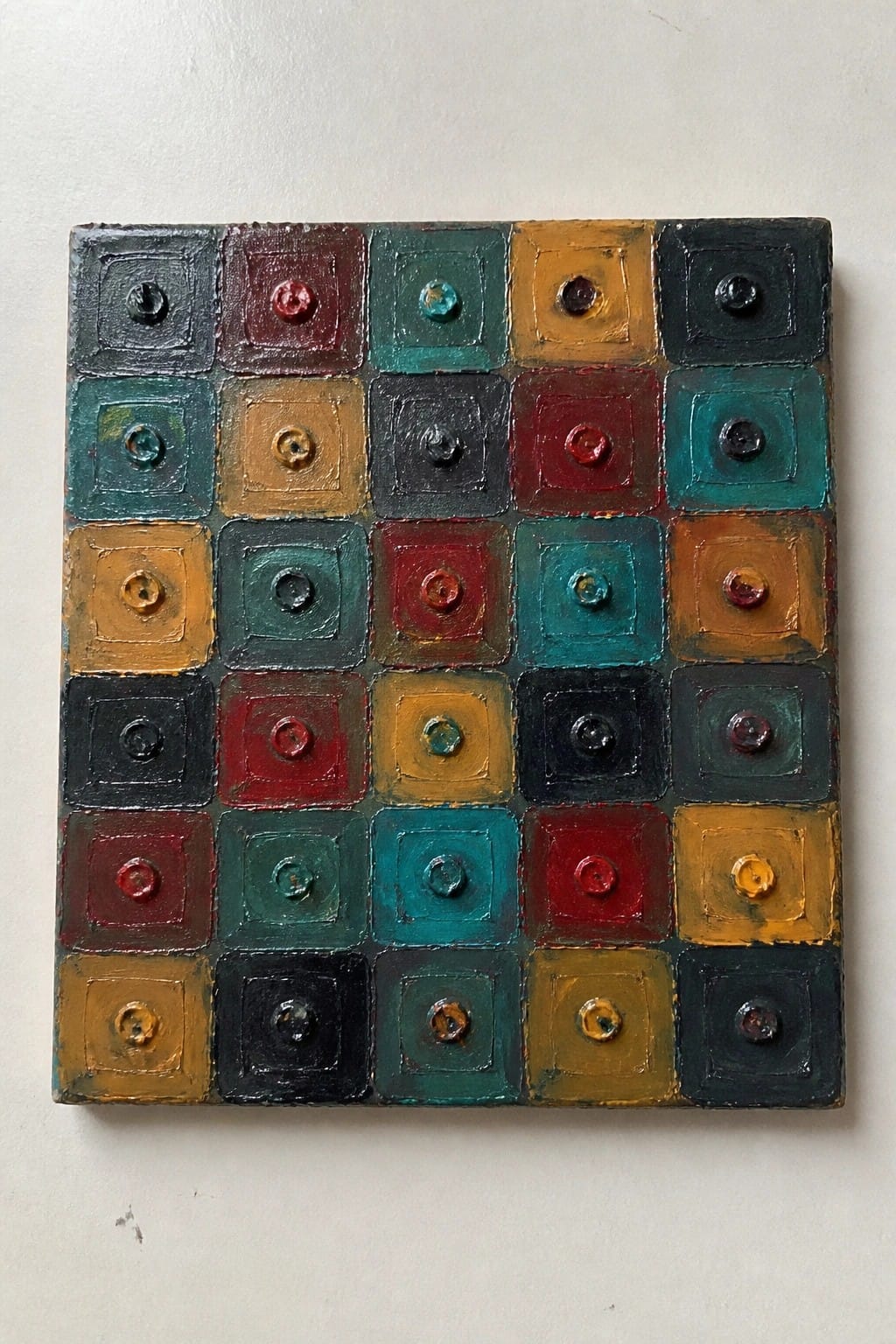 Colorful textured grid artwork with 36 squares each containing a raised central dot.