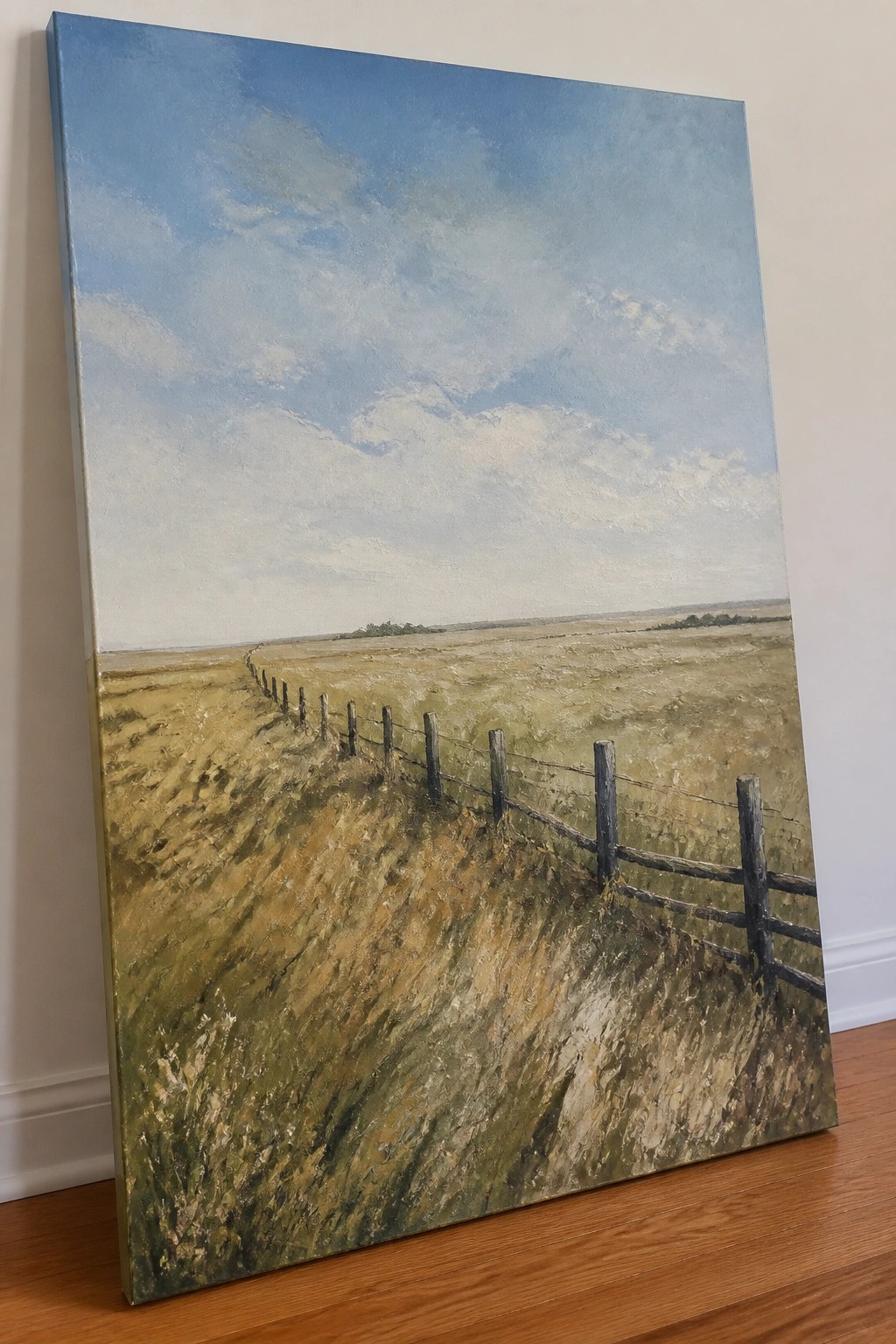 Impressionistic painting of fence curving through vast golden fields under blue sky