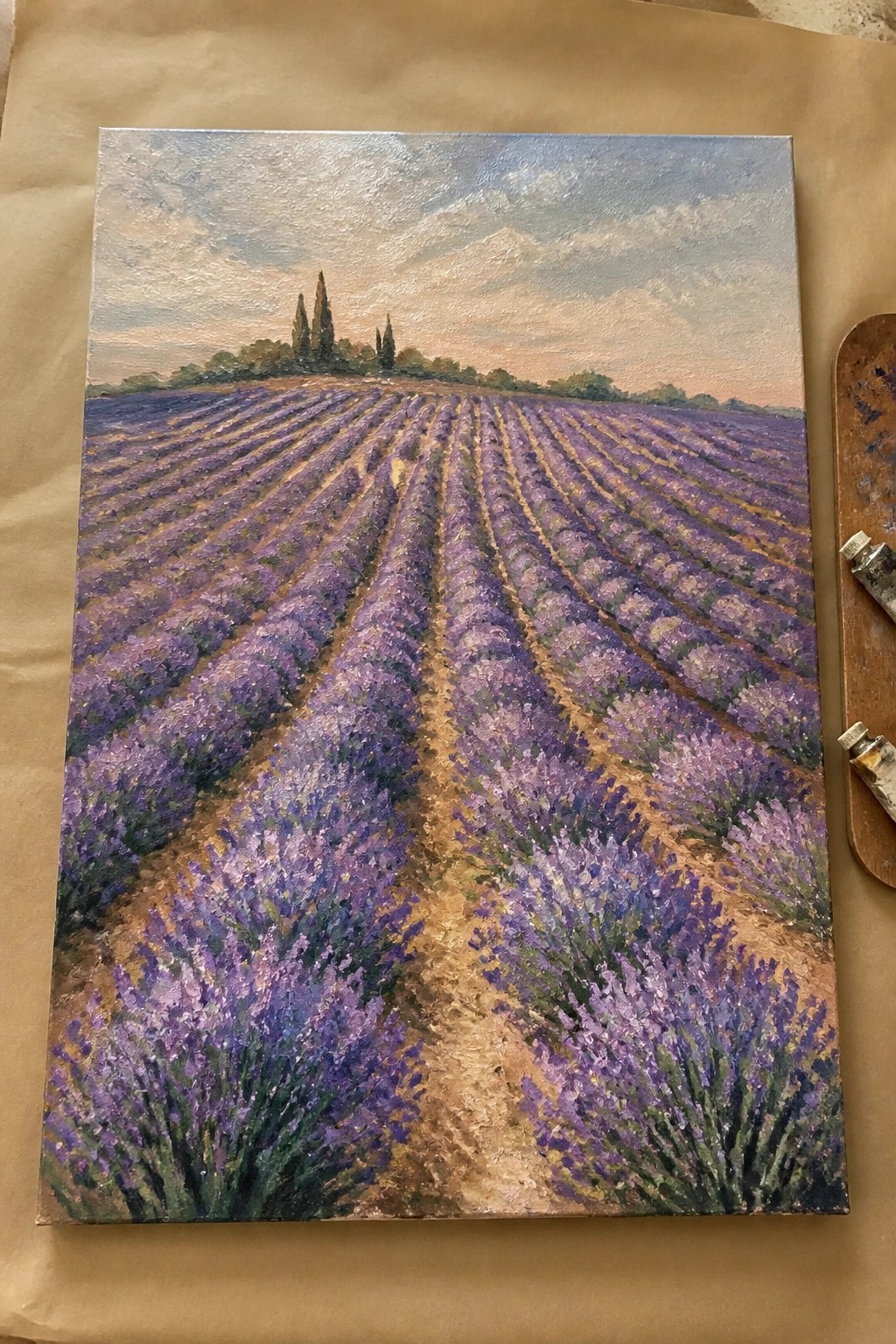 Oil painting of lavender field with purple rows, central path, and cypress trees
