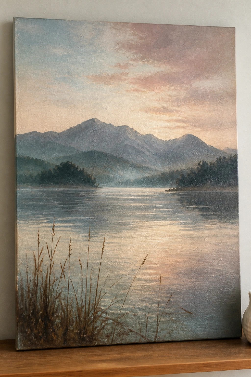 An oil painting of a calm lake reflecting mountains under a soft pink and blue sky with reeds in the foreground.