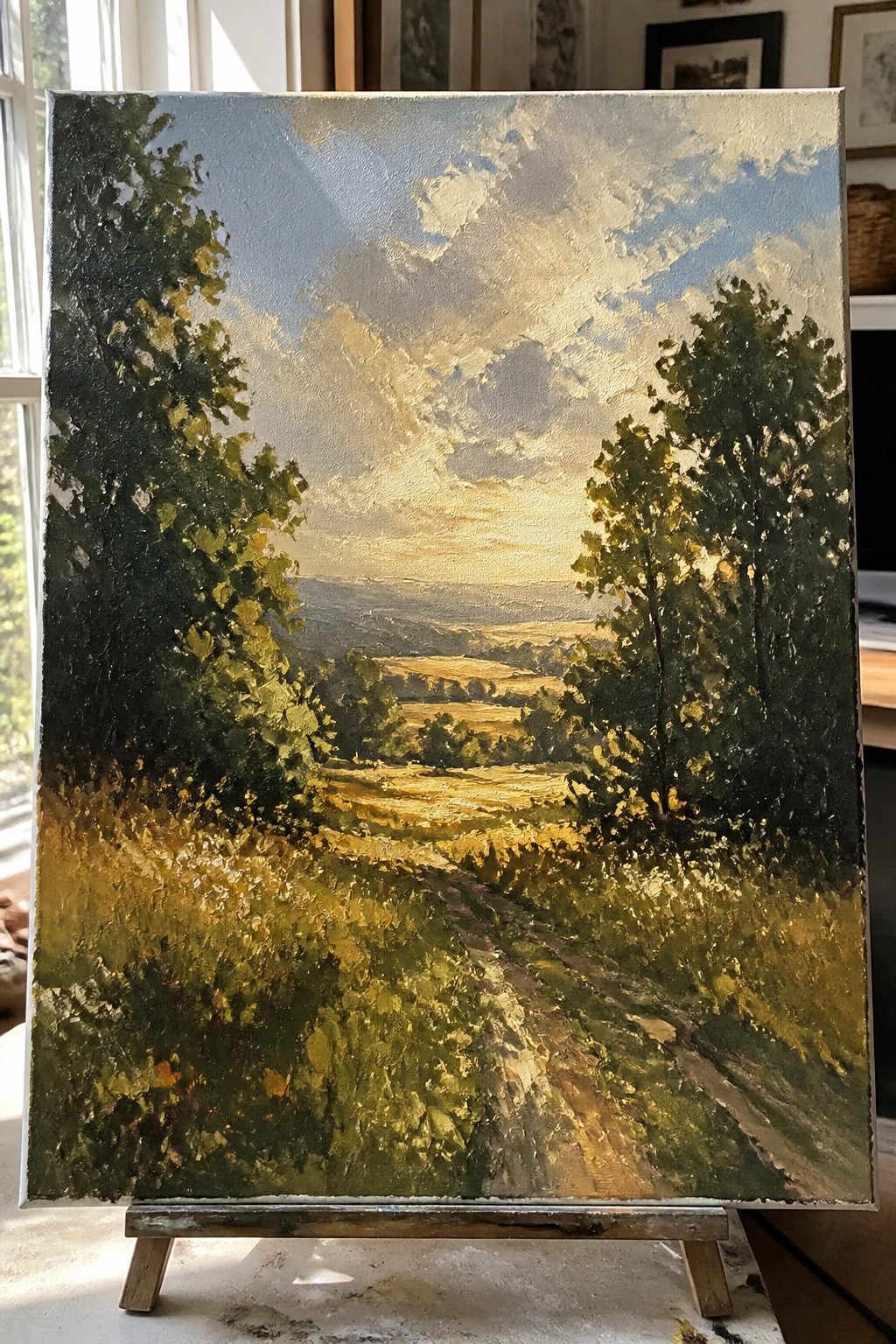 Oil painting of golden sunlit path through fields and trees on wooden easel.