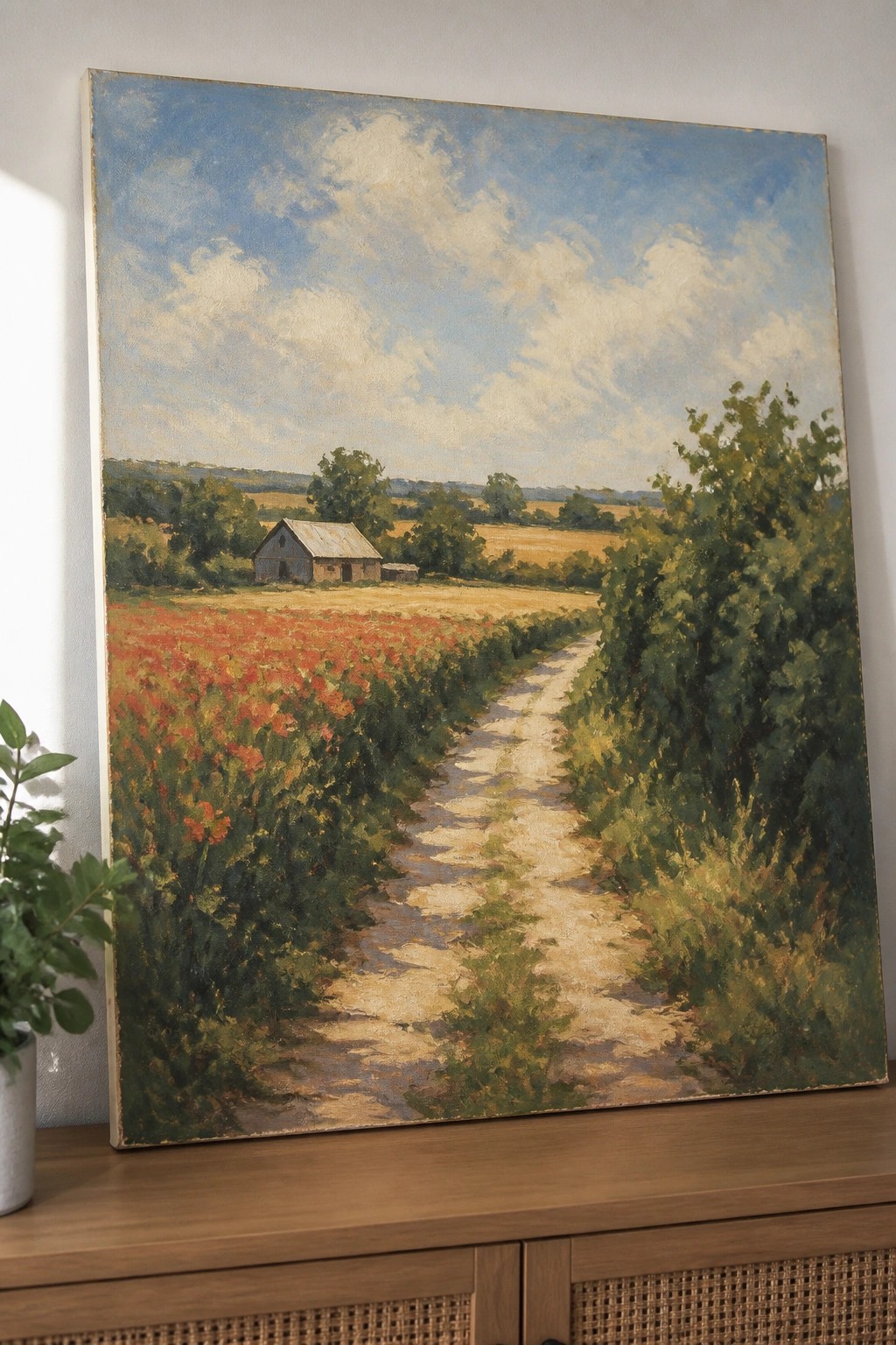 Impressionist painting of dirt path through red poppy fields toward barn under blue sky