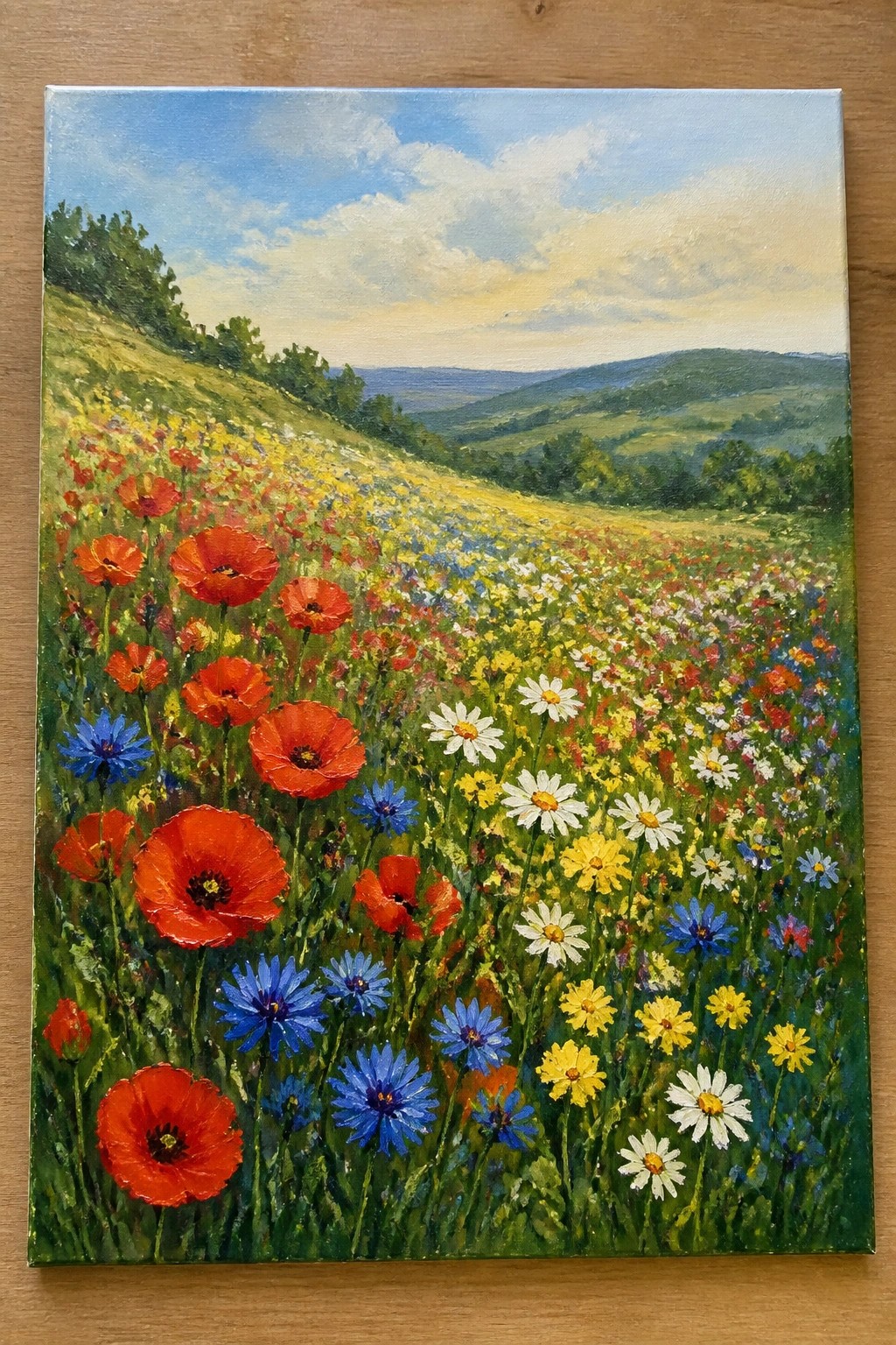 An oil painting of a hillside covered in red poppies, blue cornflowers, white daisies, and other wildflowers with rolling green hills in the distance under a blue sky.