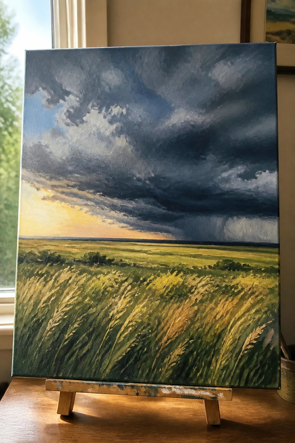 Realistic oil painting on easel of stormy sky over windswept green field at sunset.
