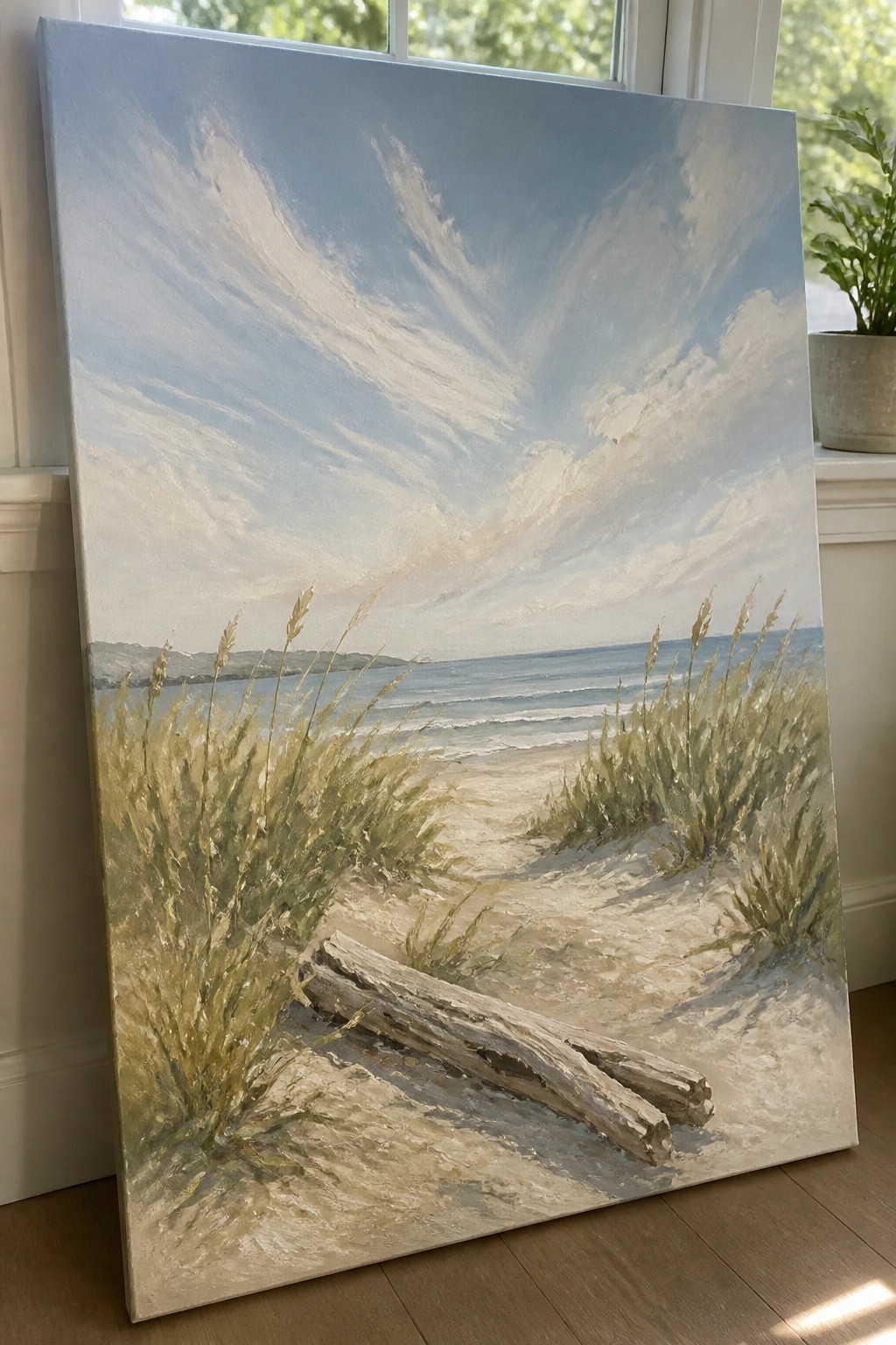 Seascape painting of sandy dunes with sea oats, driftwood, ocean waves, and cloudy sky.